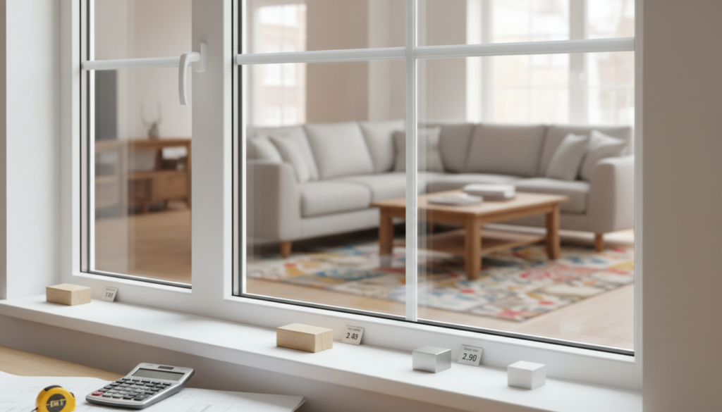 Moderne, günstige Fenster mit Dreifachverglasung in weißem PVC-Rahmen, Preisetiketten und Mustern