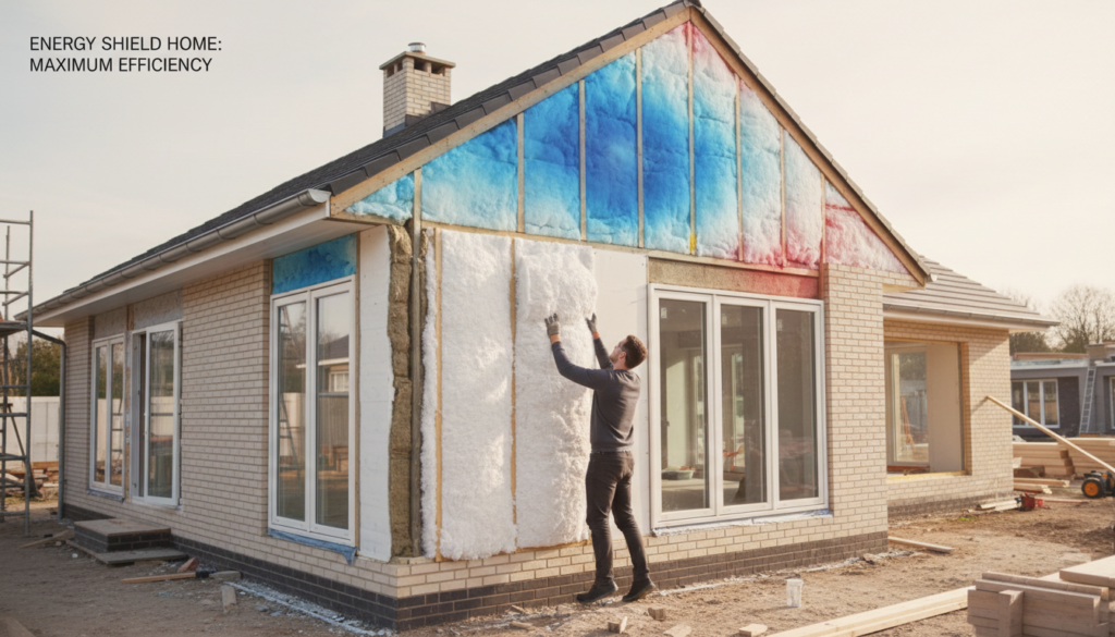 Haus-Querschnitt zeigt Handwerker beim Haus dämmen, sichtbare Dämmlagen und Thermobild zur Visualisierung von Wärme.