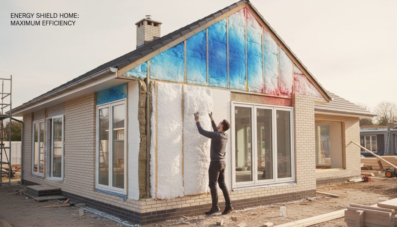 Haus-Querschnitt zeigt Handwerker beim Haus dämmen, sichtbare Dämmlagen und Thermobild zur Visualisierung von Wärme.