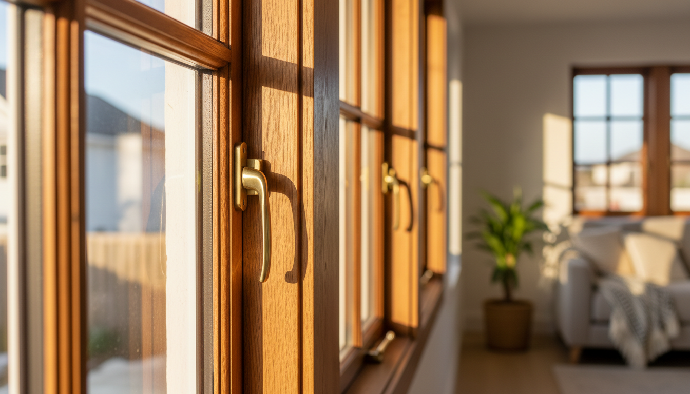 Nahaufnahme von Holzfenstern in modernem Wohnraum, natürliche Maserung, hochwertige Verarbeitung – holzfenster kaufen