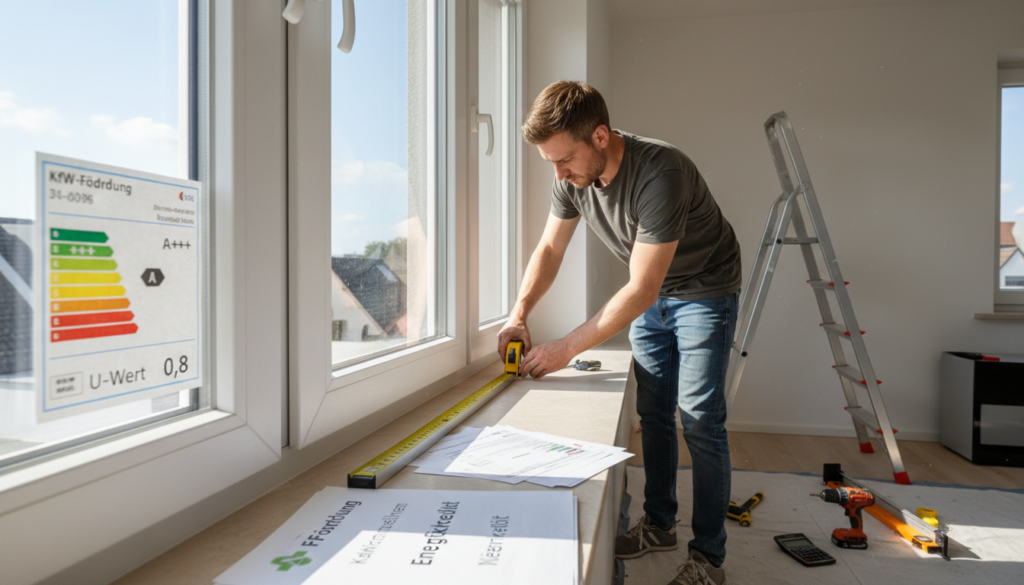 Handwerker misst ein neues Dreifachglasfenster, Dokumente und Rechner auf Fensterbank mit kfw förderung fenster