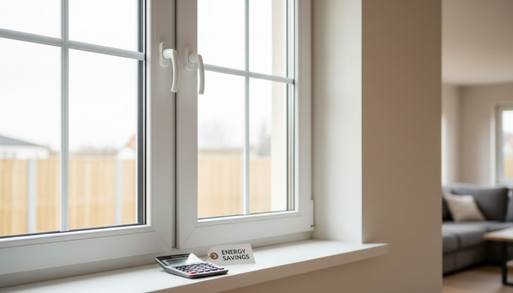 Weißes PVC-Fenster mit Dreifachverglasung und Preisrechner auf Fensterbank, Fokus kunststofffenster preise