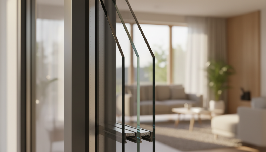 Querschnitt einer modernen Dreifach-Isolierglas-Scheibe mit sichtbaren Gasfüllungen und warmem Wohnraum im Hintergrund
