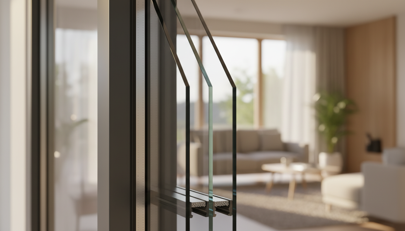 Querschnitt einer modernen Dreifach-Isolierglas-Scheibe mit sichtbaren Gasfüllungen und warmem Wohnraum im Hintergrund