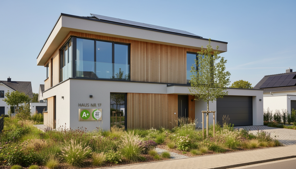 Modernes KfW Effizienzhaus mit Solarpaneelen, dreifach verglasten Fenstern und gepflegtem Vorgarten