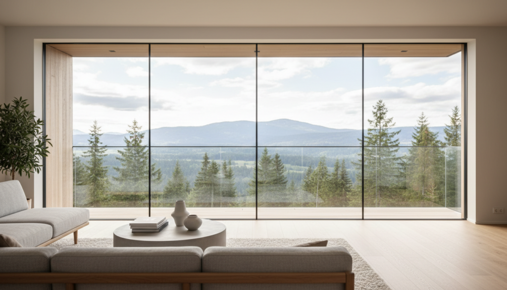 Modernes Wohnzimmer mit großem Panoramafenster, bodentiefe Glasfront und skandinavischer Einrichtung im warmen Tageslicht