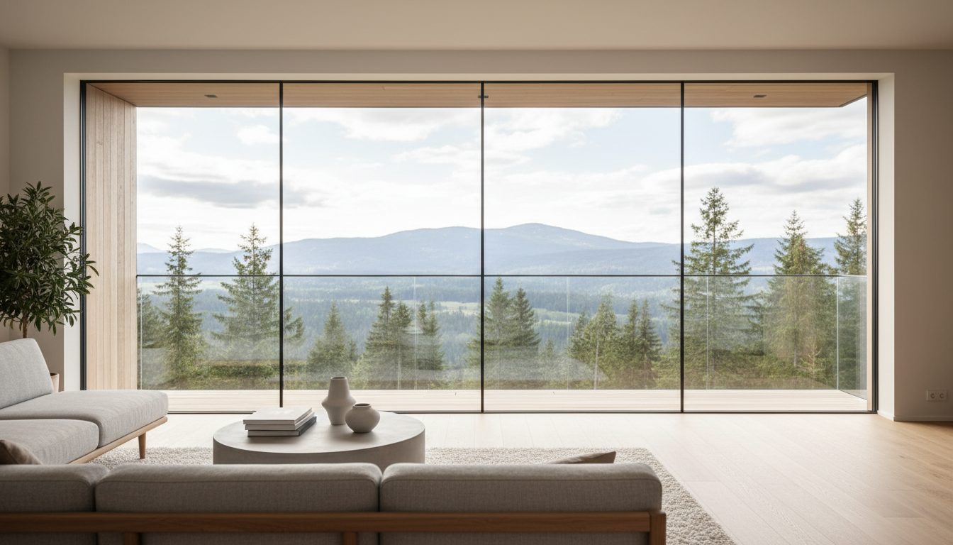 Modernes Wohnzimmer mit großem Panoramafenster, bodentiefe Glasfront und skandinavischer Einrichtung im warmen Tageslicht