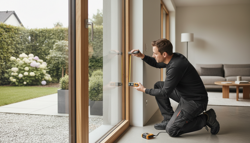 Handwerker misst modernes 3-fach verglastes Fenster im Wohnraum; neue fenster kosten und Energieeinsparungen sichtbar