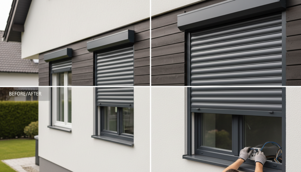 Modernes Wohnhaus mit frisch installierten Rollläden, Handwerker zeigt rollladen nachrüsten und Feineinstellung