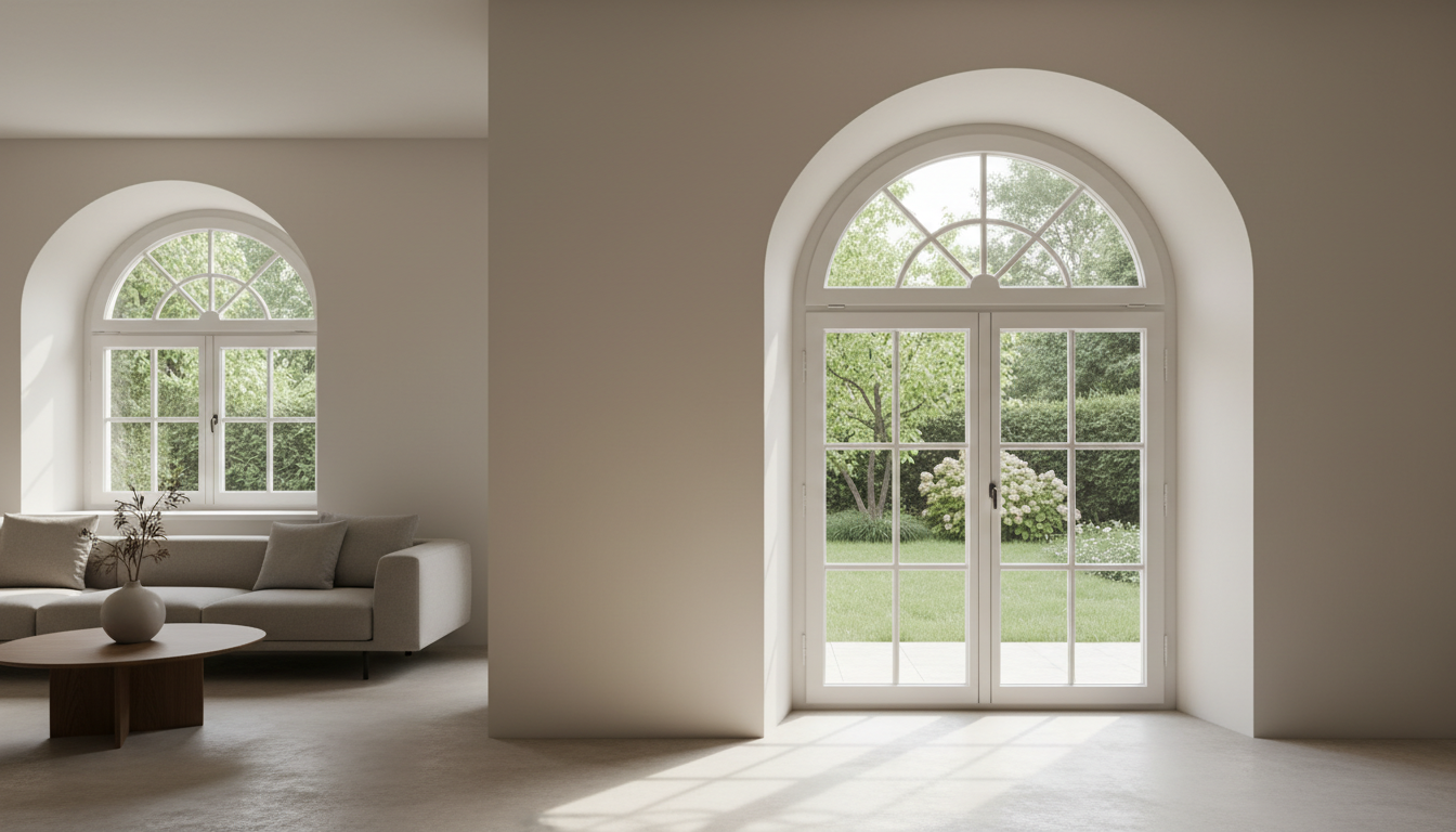 Helles rundbogenfenster mit weißem Holzrahmen, Sonnenlicht auf neutralem minimalistischen Interieur