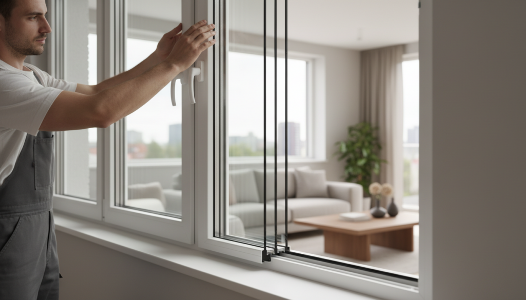 Handwerker montiert Schallschutzfenster mit sichtbarer Mehrschicht-Isolierung in modernem Wohnraum