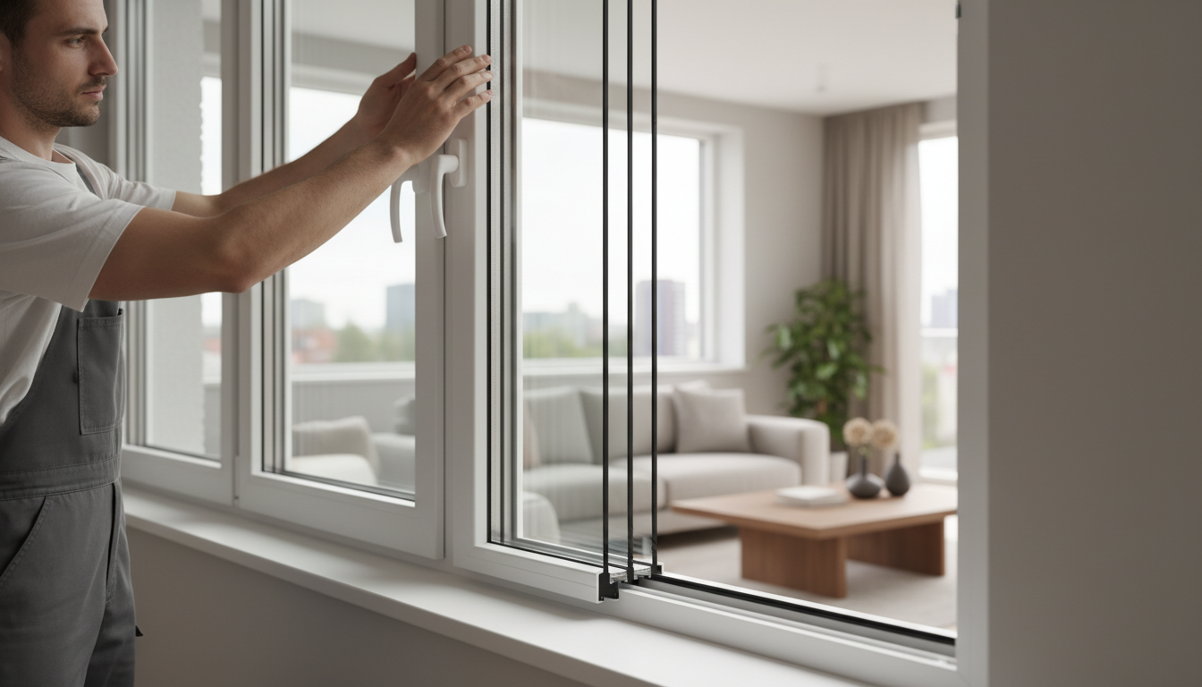 Handwerker montiert Schallschutzfenster mit sichtbarer Mehrschicht-Isolierung in modernem Wohnraum