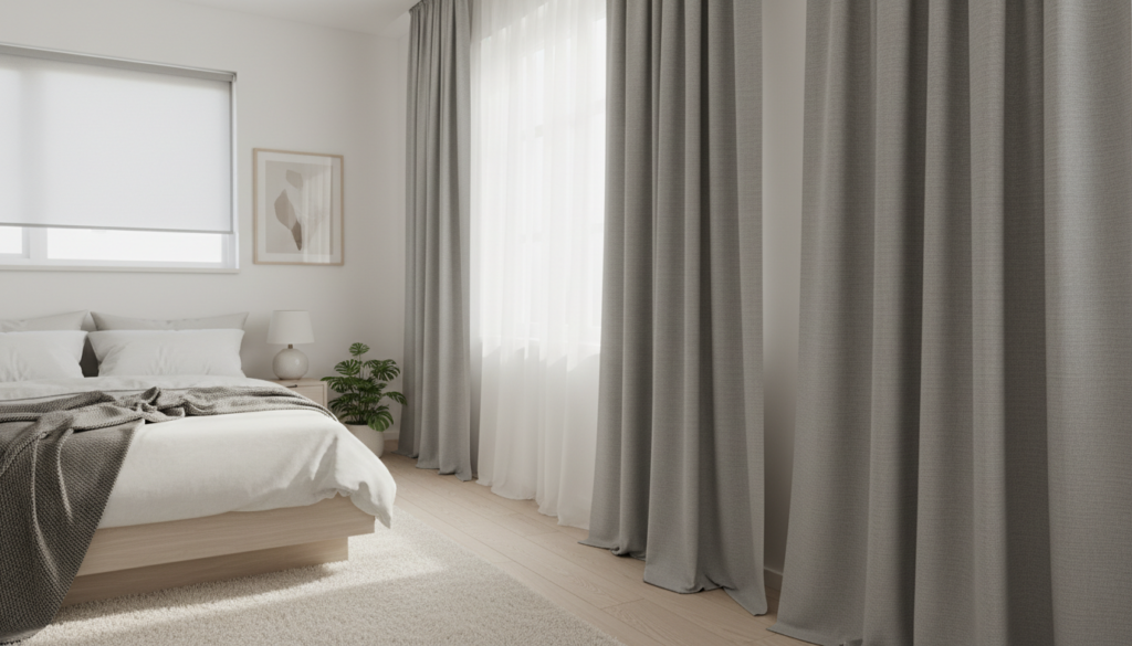 Modernes Schlafzimmer mit verdunkelung fenster: graue Verdunkelungsvorhänge, Rollos, feine Stoffstruktur im Fokus