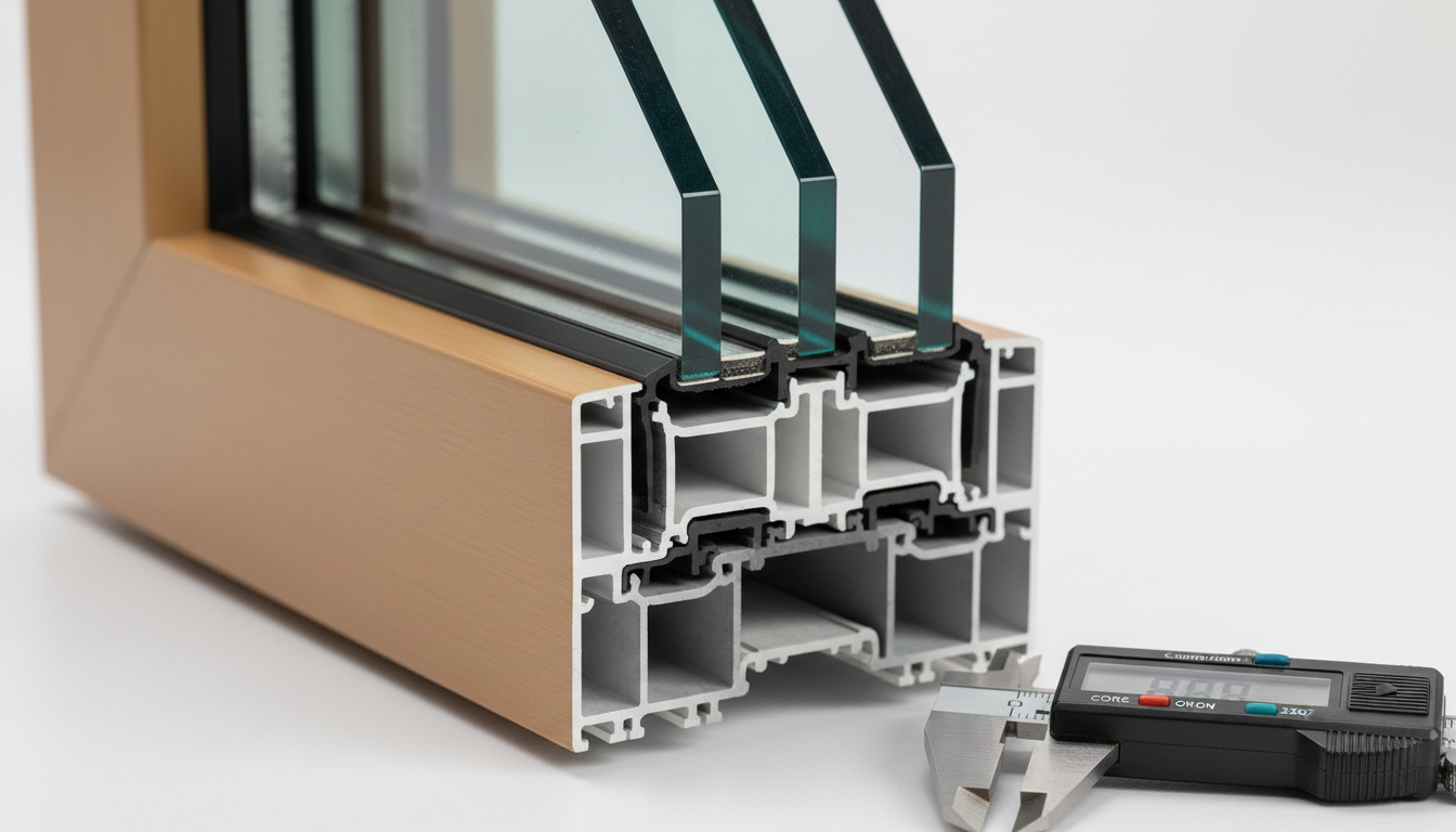uw wert Berechnung: Dreifachverglasung Querschnitt Technisches Diagramm einer Dreifachverglasung im Querschnitt zur uw wert Berechnung mit Maßen und Wärmezonen