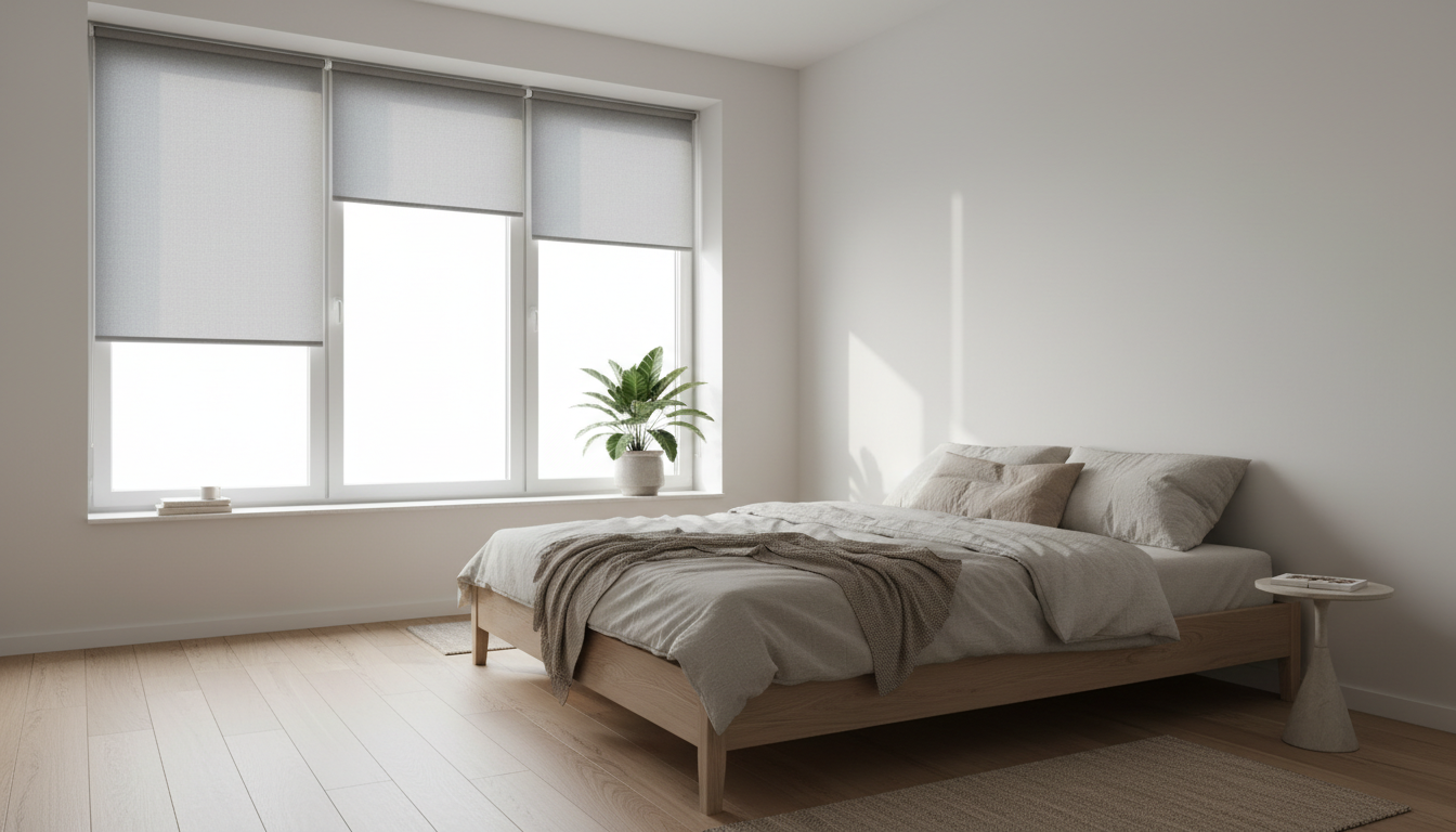 Modernes Wohnzimmer mit bodentiefen Fenstern und verdunkelung fenster durch Vertikaljalousien, ein offener Gartenblick.