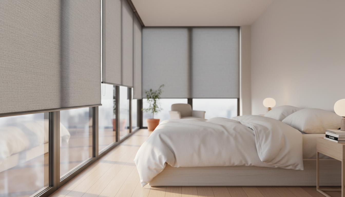 Skandinavisches Schlafzimmer mit großen Fenstern, verdunkelung fenster durch schwarze Rollos, teilgeöffnetes Rollo lässt Licht.