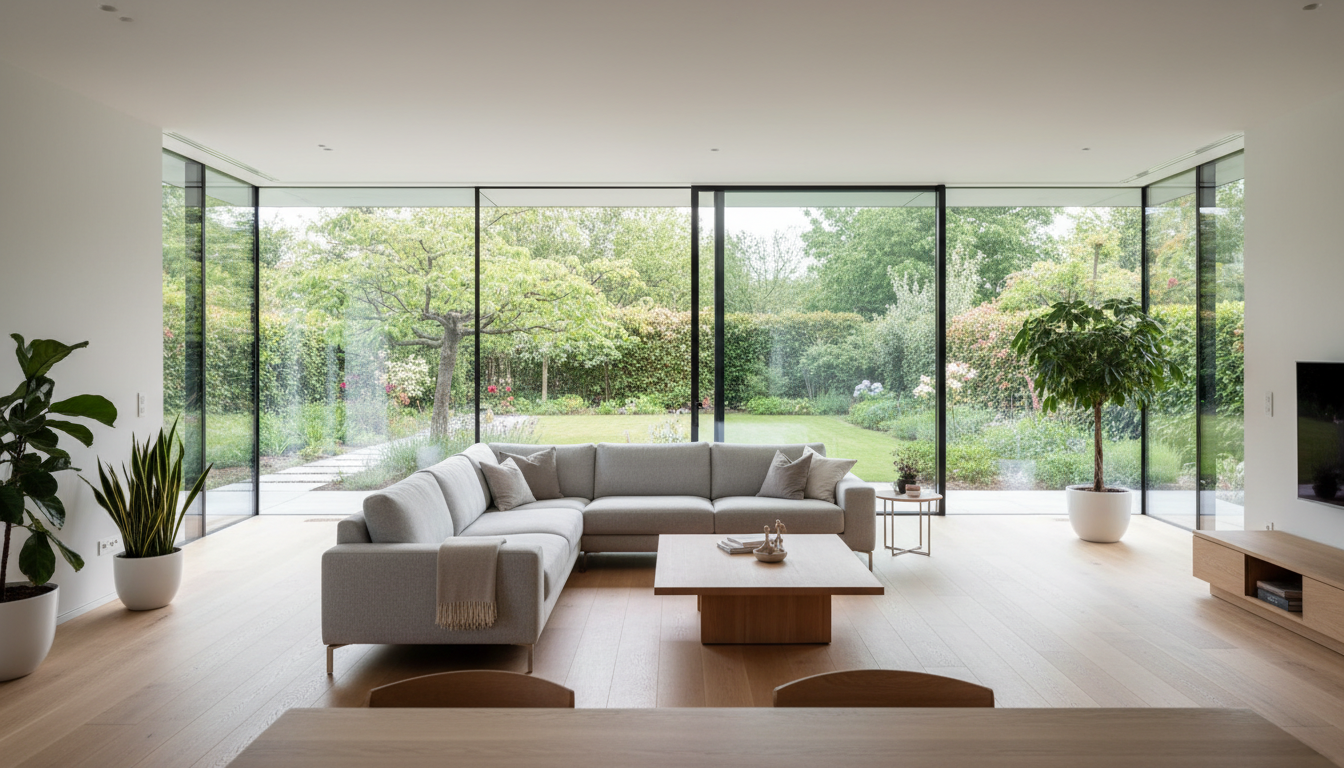 Modernes Wohnzimmer mit Panoramafenster, bodentiefe Glasflächen und hellem Blick auf den Garten