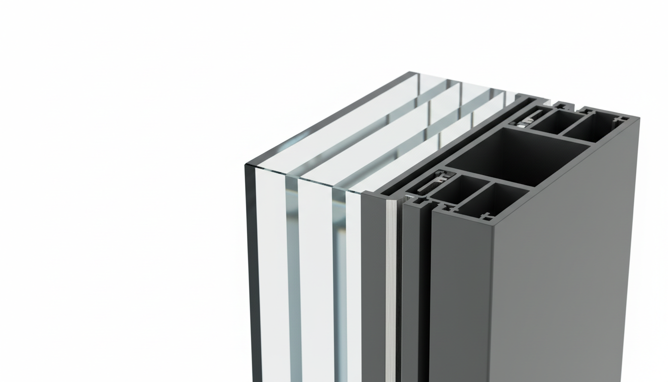 Nahaufnahme Fenster-Querschnitt mit Warm-Edge Abstandshalter und Mehrschichtdämmung für co2 einsparung neue fenster