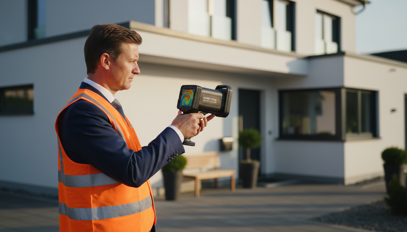 Thermisches Fassadenbild eines Hauses bei Nacht mit roten und gelben Verlustzonen, ideal für energieberatung haus