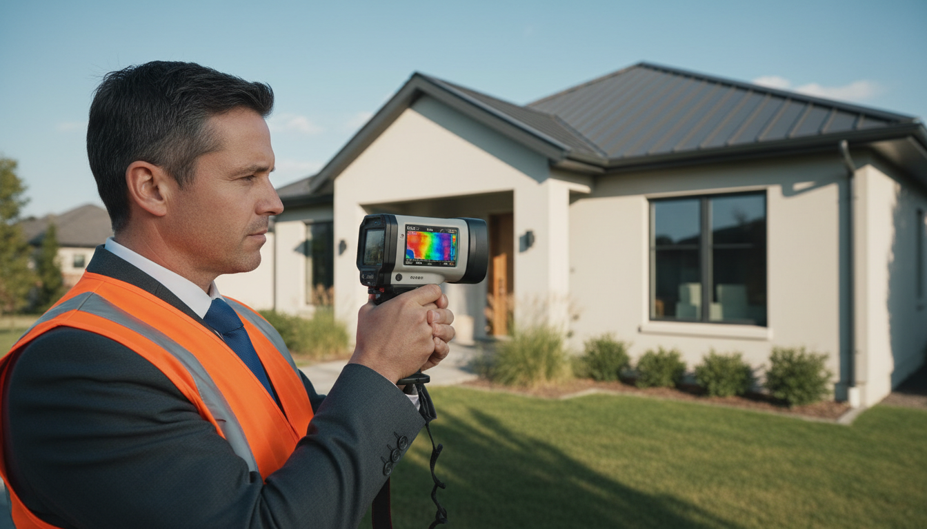 Energieberater führt energieberatung haus mit Thermografiekamera an modernem Wohngebäude im Tageslicht durch