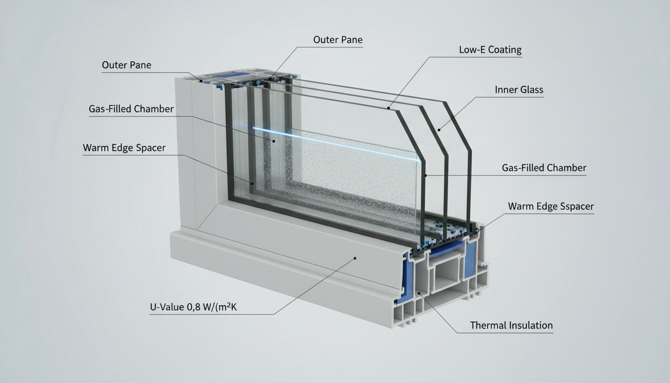 Makroaufnahme: moderner Fensterrahmen mit Mehrkammerprofil, Dämmung und Abdichtung - energieeffiziente Fenster.