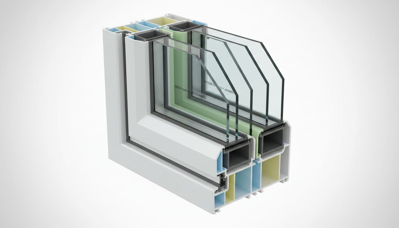 Detail-Querschnitt energieeffiziente fenster mit Dreifachverglasung, Isolierschichten, Gasfüllung und Mehrkammerrahmen