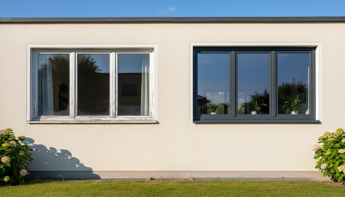 Handwerker montieren energieeffizientes Fenster mit Abdichtung und Dämmung, Hinweis: fenster austausch pflicht.