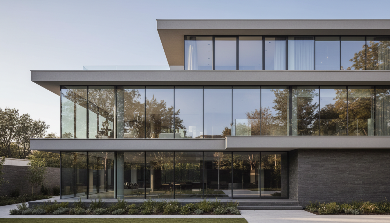 Große bodentiefe Fenster moderne Architektur in anthrazit Rahmen, klares Tageslicht durch Glas, scharfe DSLR-Aufnahme.