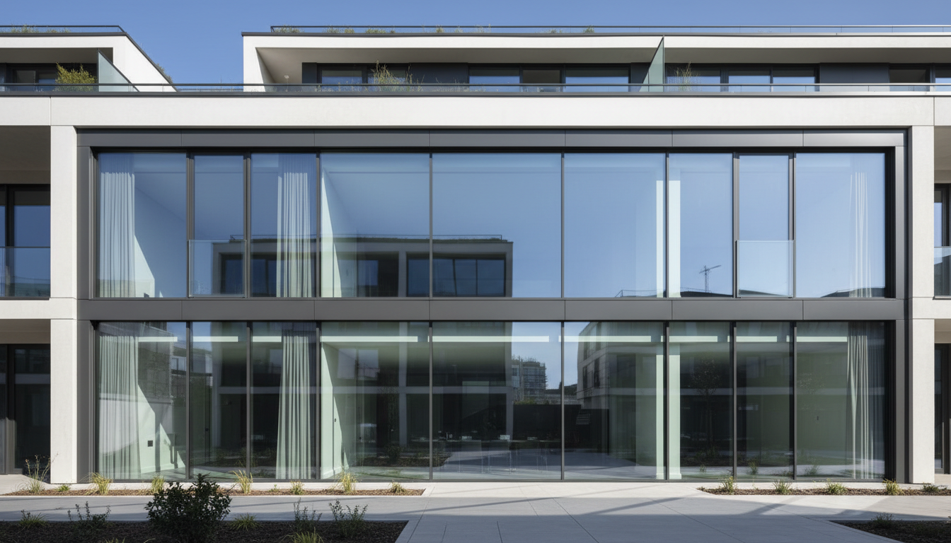 Helles Wohnzimmer mit großen Fenstern, minimalistischer Einrichtung und fenster moderne architektur.