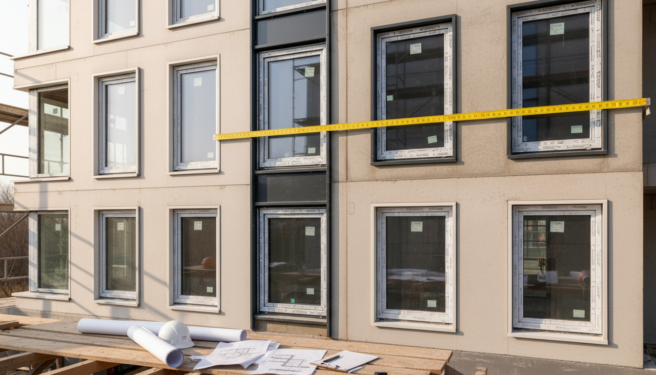 Fenster Norm DIN Erklärung — Maße, Typen und Messung Fassadenfoto mit Maßband und technischen Unterlagen, verschiedene Fensterformate; fenster norm din erklärung erkennbar