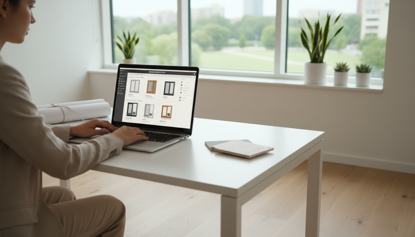 Fenster Online Konfigurator im modernen Homeoffice Person im hellen Homeoffice nutzt Fenster Online Konfigurator auf Laptop, große Fenster, Tageslicht, realistische Fotografie