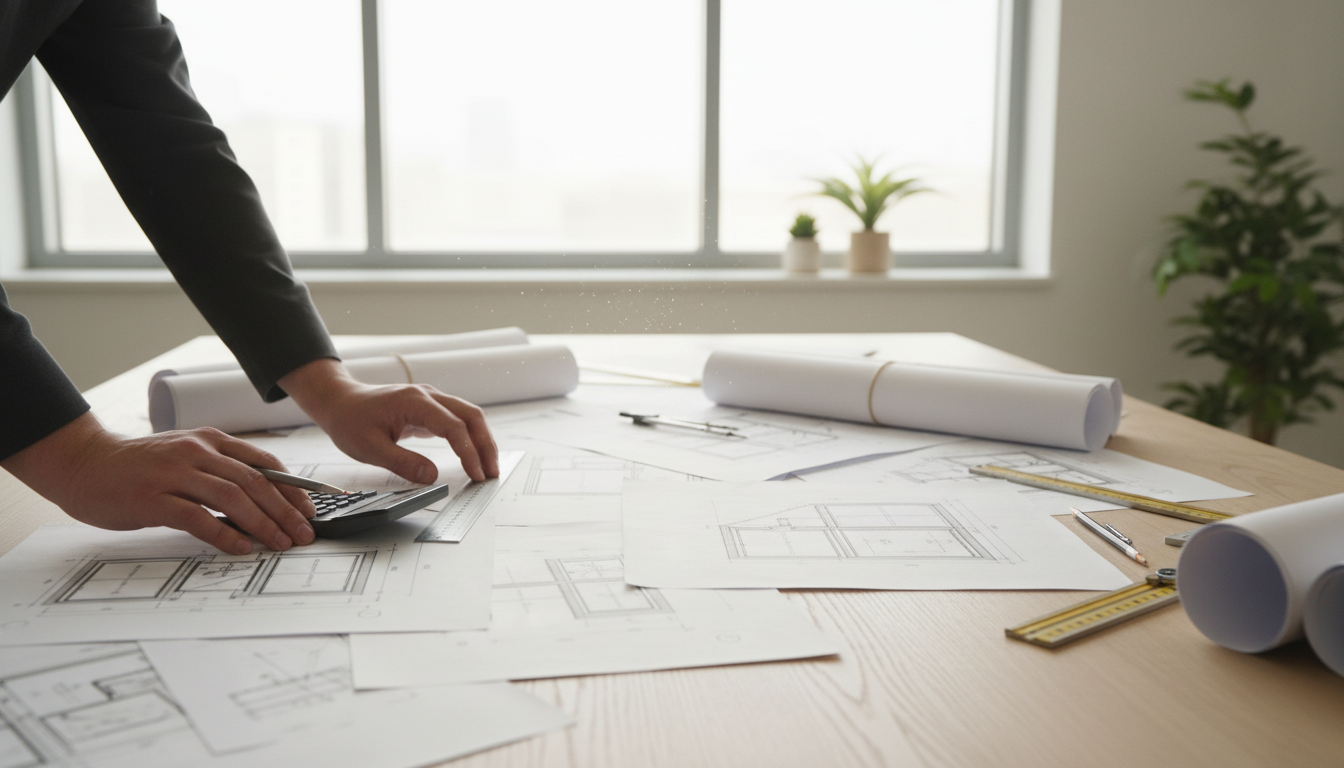 Architekt misst Fenstermaße an technischen Zeichnungen – fenster richtig planen mit präzisen Blaupausen im Tageslichtbüro.