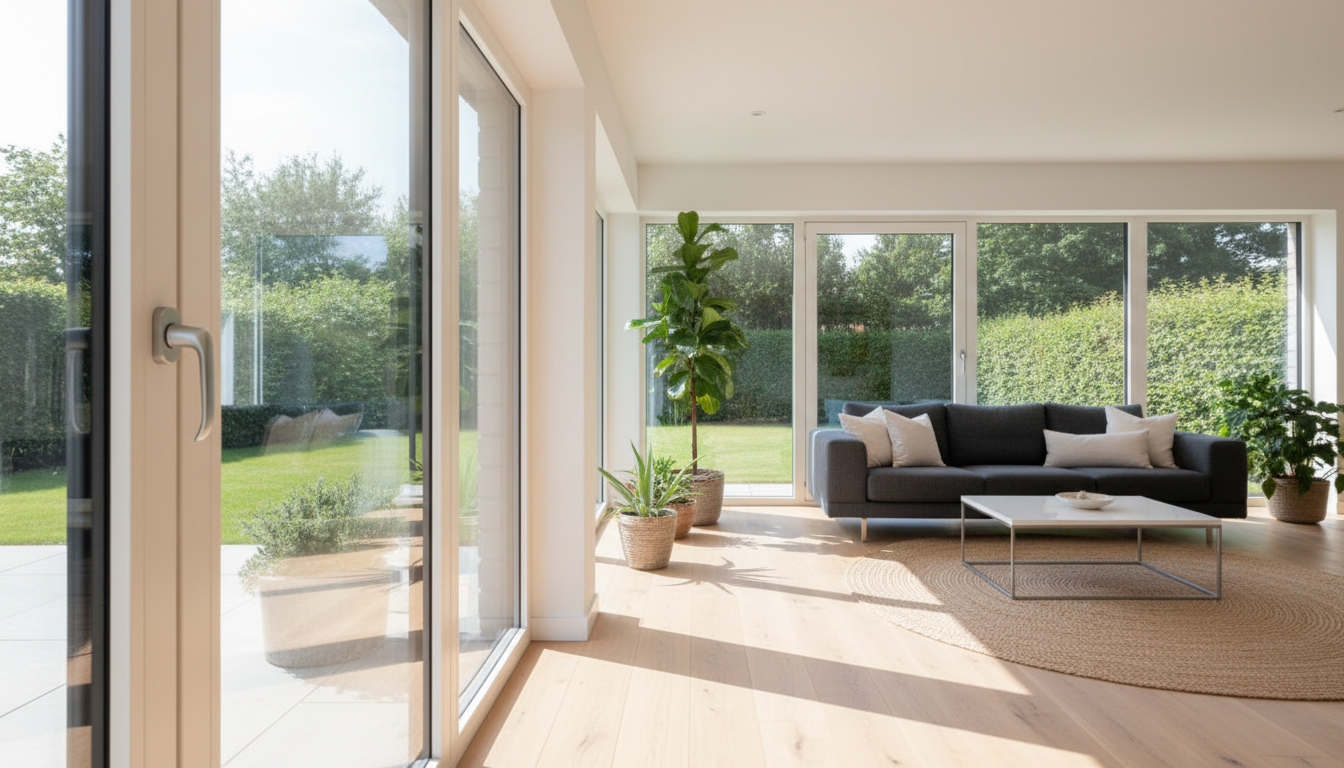 Professionelles Produktfoto im fenster vergleich: modernes Fenster mit Insektenschutz, Rollladen und Sicherheit im Showroom.