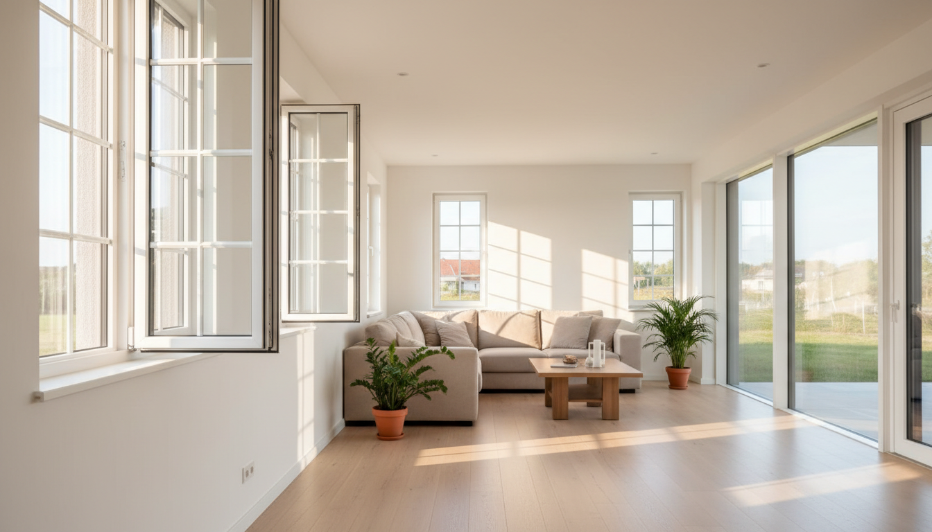 Modernes Wohnzimmer mit Kipp-/Drehfenstern und Festverglasung - fenster vergleich zu Licht, Komfort und Design.