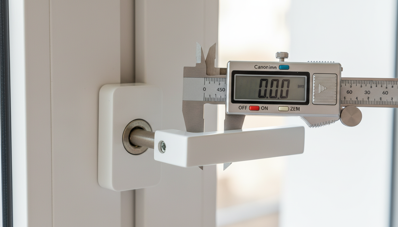 Nahaufnahme: Fenstergriffe austauschen – Vierkantspindel und Schraublöcher mit Messschieber prüfen.