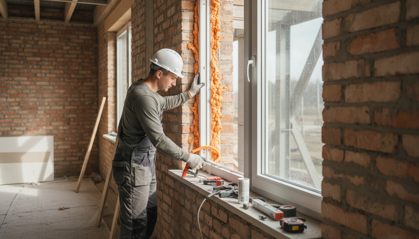 Fenstermontage Kosten - Profiabdichtung und Details Close-up: Handwerker bei RAL-konformer Fenstermontage, mehrlagige Abdichtung sichtbar - Hinweise zu fenstermontage kosten