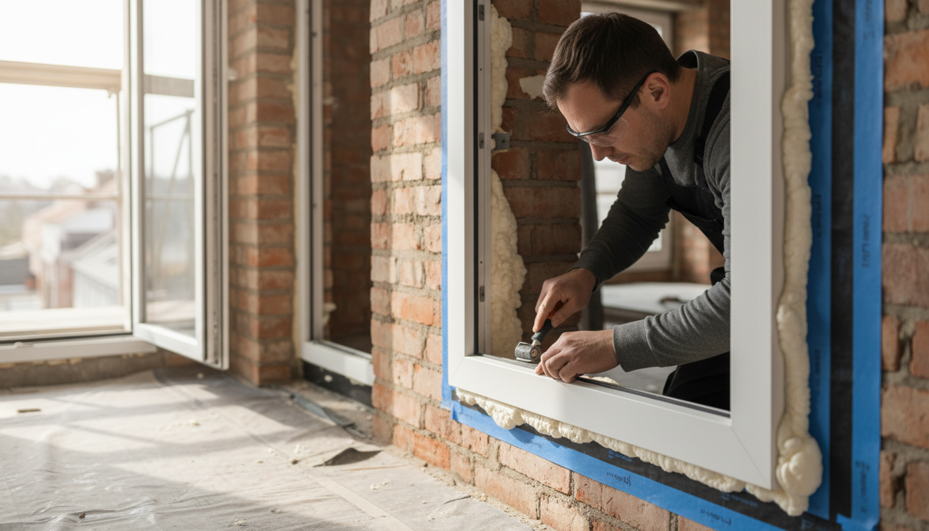 Fenstermontage Kosten: PVC-Fenster fachgerecht montieren Fachmann montiert weißes PVC-Fenster in Backsteinwand, mit Schaum und Dichtband – fenstermontage kosten sichtbar dokumentiert