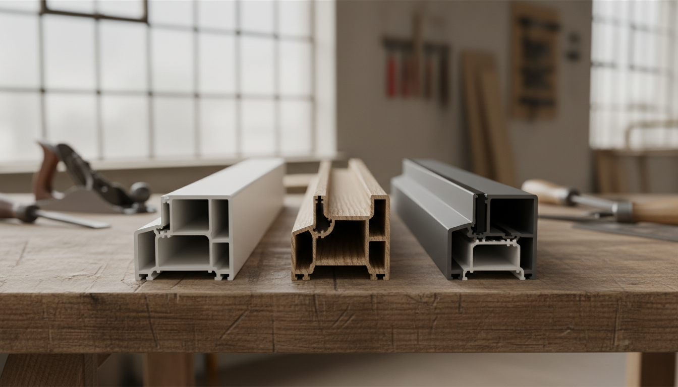 Fensterprofil Nahaufnahme: PVC Holz Aluminium Nahaufnahme verschiedener Fensterprofile (PVC-Mehrkammer, Holz- und Aluminiumquerschnitte) auf Werkbank