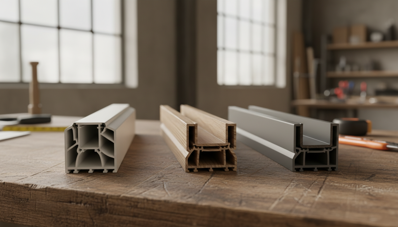 Fensterprofil Montage: PVC-Rahmen im Ziegelbau Handwerker montiert grosses PVC-Fensterprofil in Ziegelwand auf Baustelle, Werkzeuge und Material sichtbar