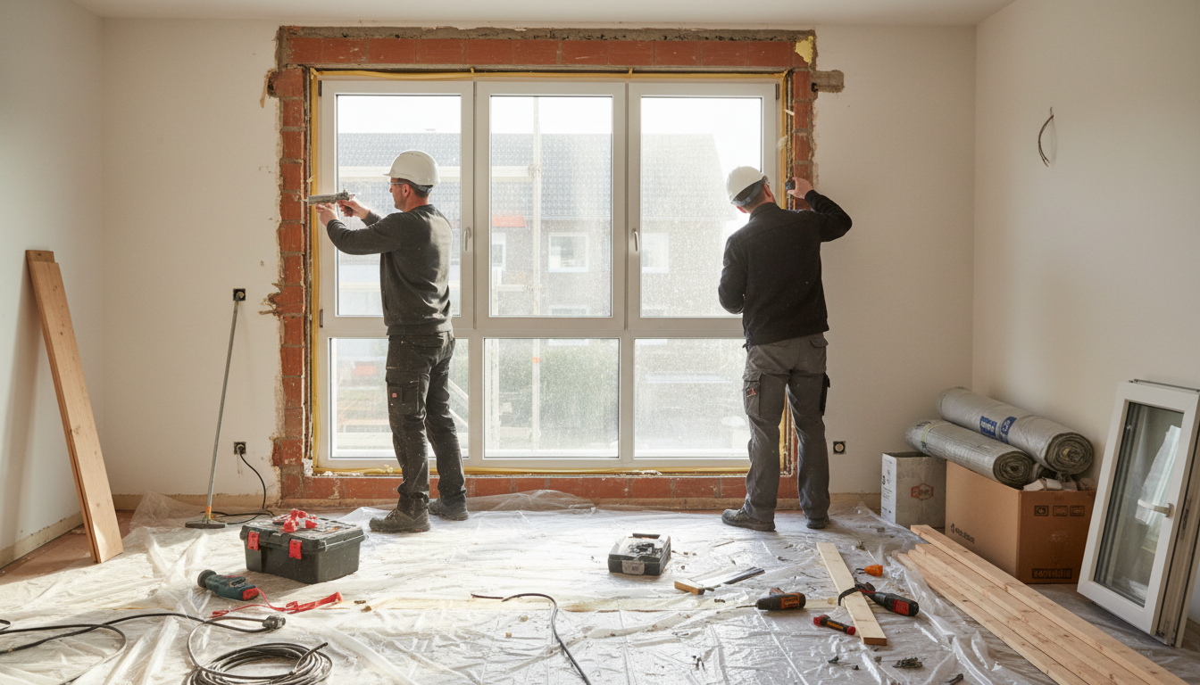 Fenstertausch: Handwerker trägt Dichtschaum am neuen Fensterrahmen auf, Nahaufnahme mit Werkzeugen.