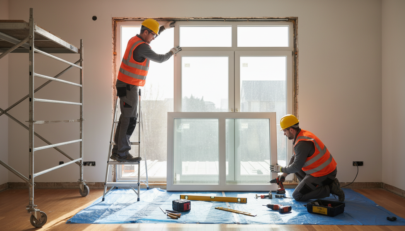 Fenstertausch: Monteure setzen neues dreifachverglastes PVC-Fenster ein, Innenansicht mit Schutzfolie und Tageslicht