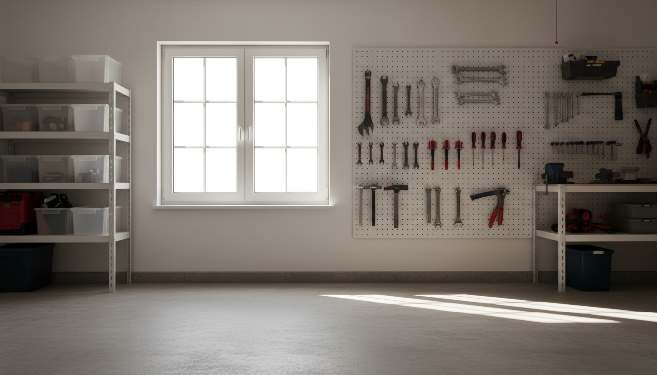 Hausbesitzer reinigt Garagenfenster mit Sprühflasche und Mikrofasertuch in heller, sauberer Garage bei Tageslicht