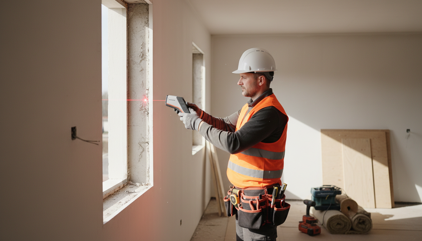Handwerker Fenster: Nahaufnahme der Montage mit Dichtungsband, Isolierschaum und Handwerkerhänden bei der Abdichtung