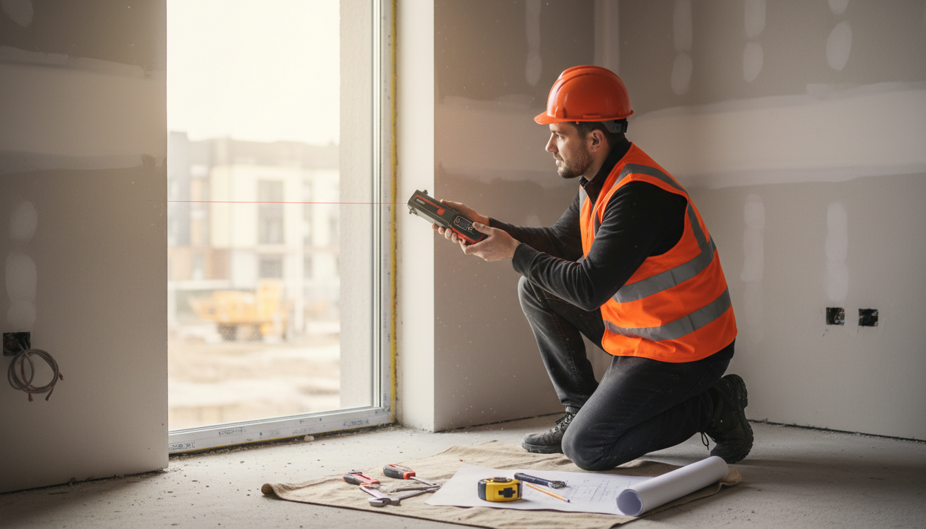 Handwerker Fenster: Profi mit Laser-Messgerät misst präzise die Fensteröffnung auf moderner Baustelle bei Tageslicht