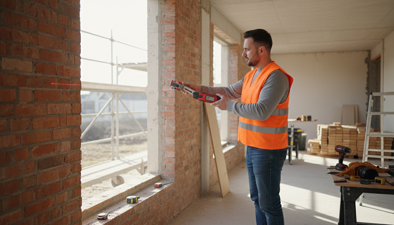 Handwerker Fenster: Fachmann montiert weißen Fensterrahmen, präzise Installation mit Profi-Werkzeug auf heller Baustelle