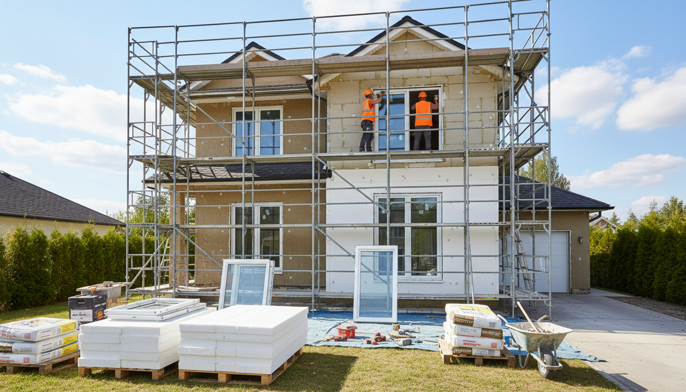 Professionelle Baustelle: Haus mit Geruest, Arbeiter renovieren Fenster und Fassade – hausrenovierung kosten sichtbar