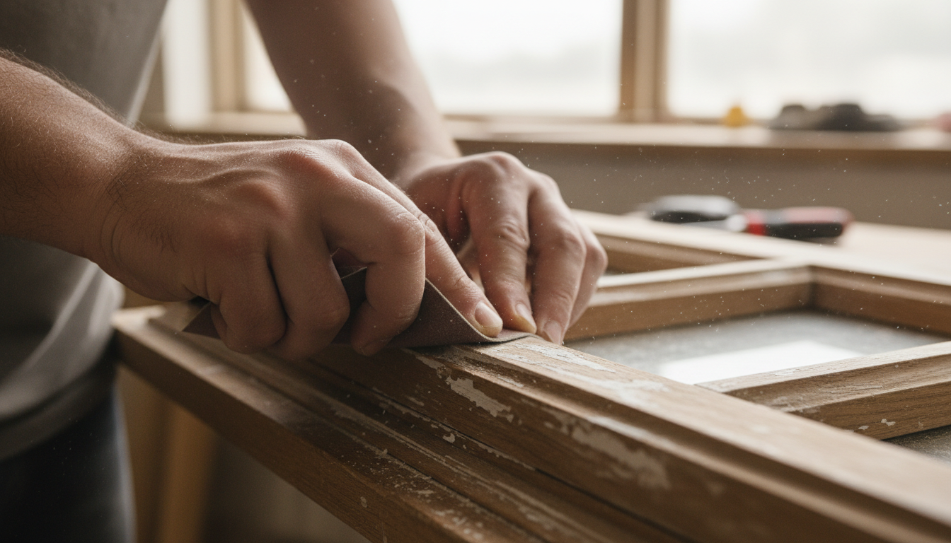 Hände schleifen einen Fensterrahmen mit Schleifpapier – holzfenster lackieren, sichtbare Holzmaserung und weiße Farbreste