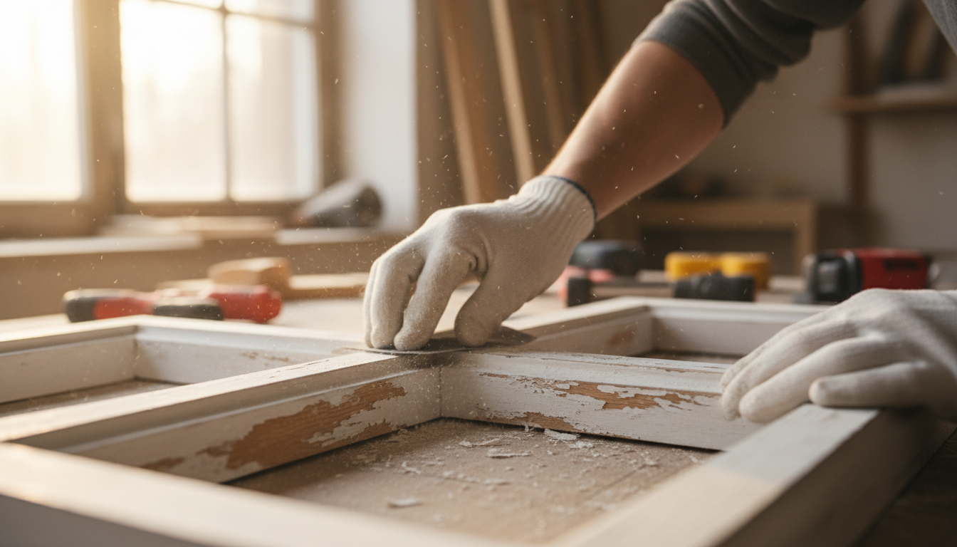 Handwerker lackiert Holzfenster, Detailaufnahme der Pinselstriche beim Holzfenster lackieren in Weiß