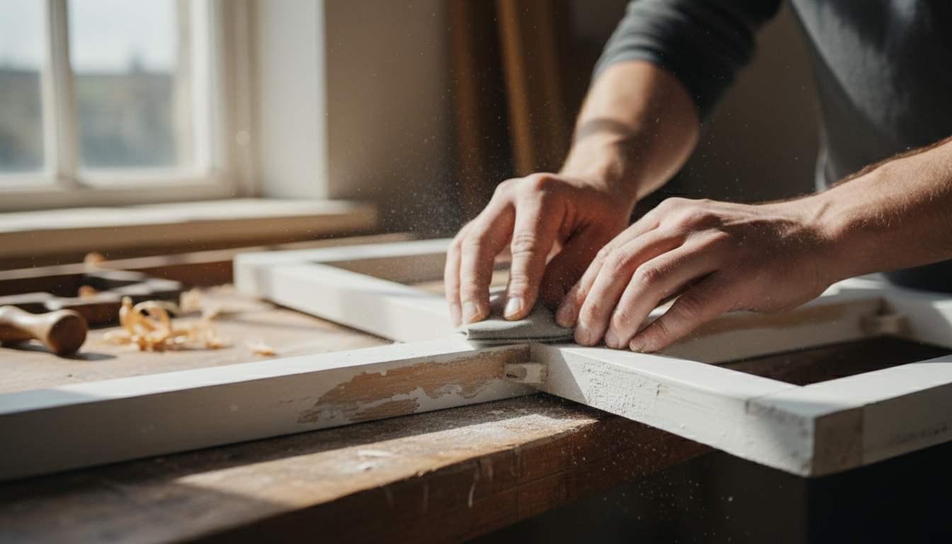Geöffnetes, frisch lackiertes Holzfenster mit weißem Anstrich und Gartenblick - ideal zum holzfenster lackieren