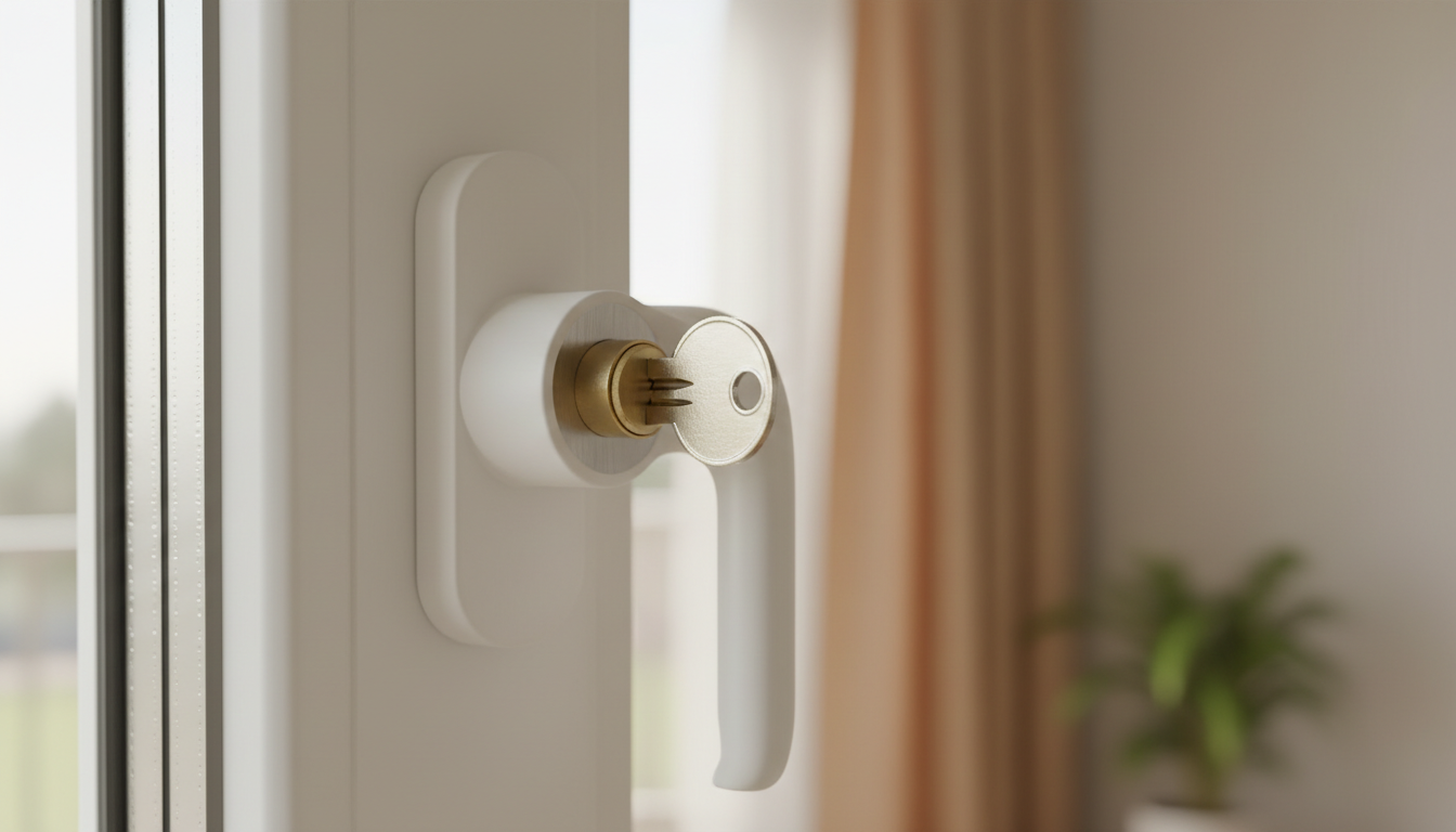 Studioaufnahme mit kindersicherung fenster: abschließbare Griffe, Fensterbegrenzer und Kabelschlösser auf hellem Holz